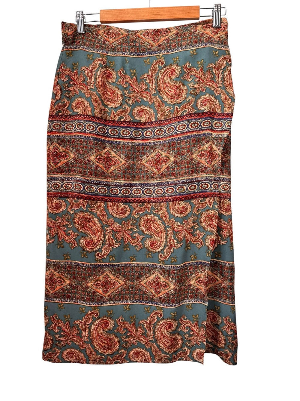 Neiman Marcus Vintage Silk Wrap Skirt 14 Teal Blue Brown Paisley Midi Pencil